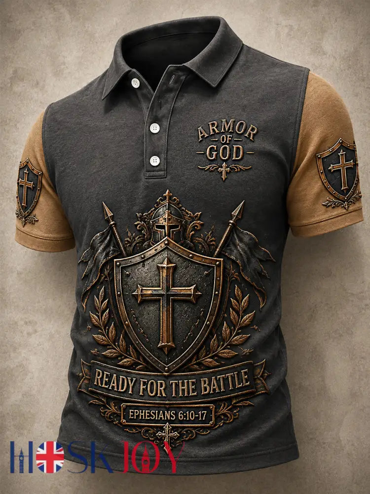 Men’s Armor Of God Print Casual Polo - Yellow Brown / S
