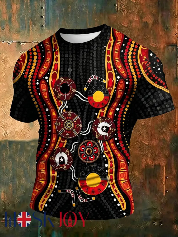 Men’s AU Aboriginal Culture Printed Casual Tops - Black / S