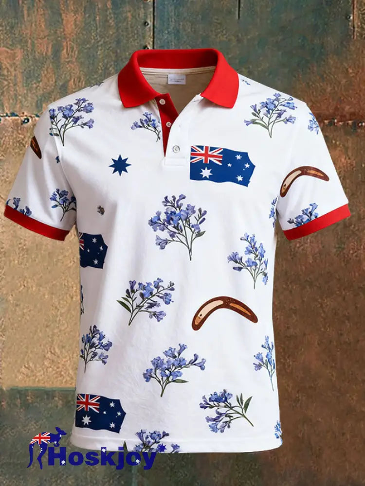 Men’s AU Flag Art Printed Casual Tops White / S