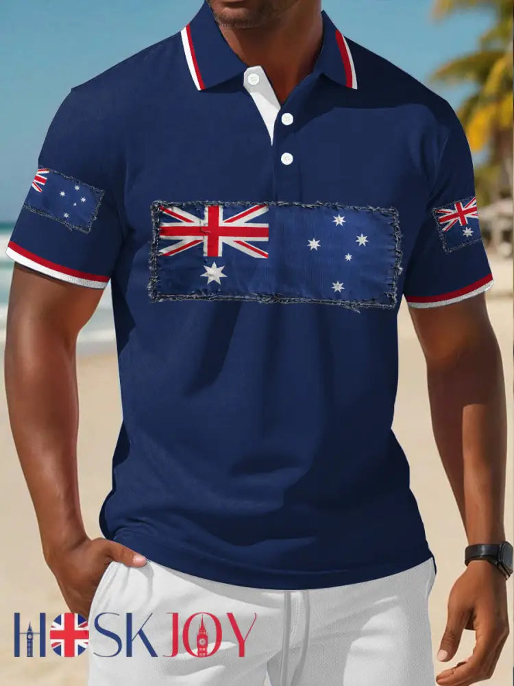 Men’s Aussie Flag Art Proud Printed Casual Tops Navy Blue / S