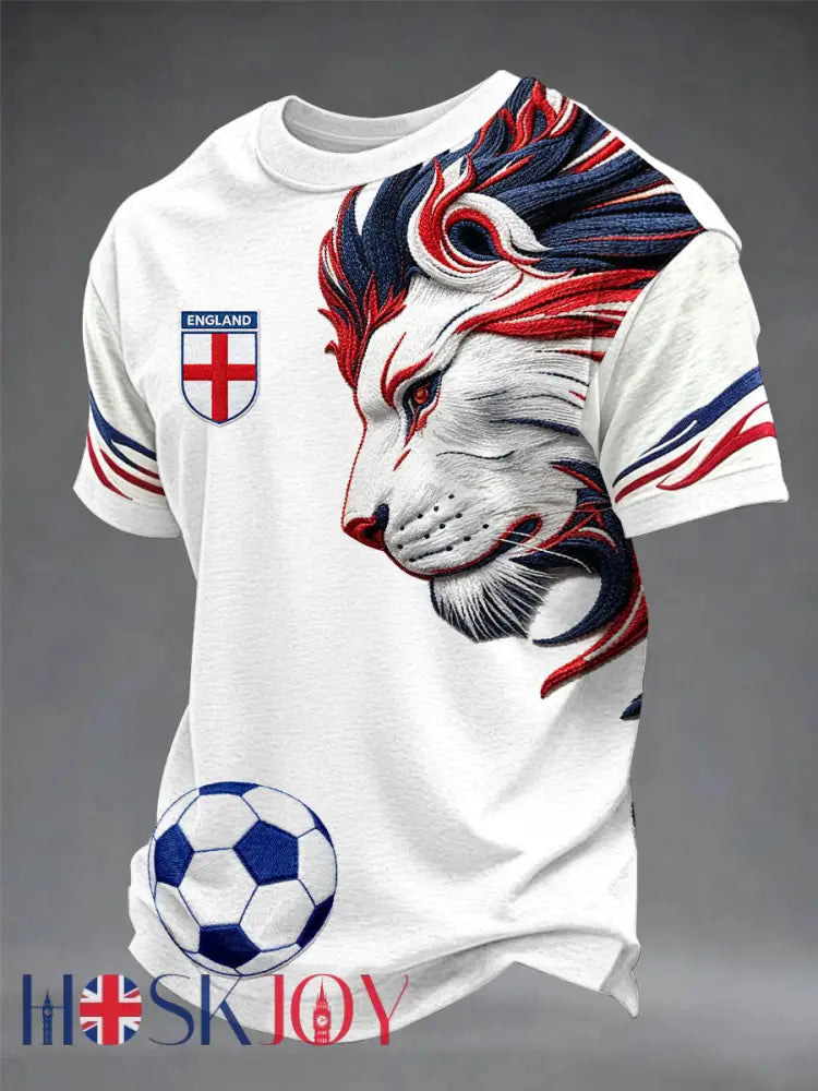 Men’s British Football Lion Embroidered Casual Unisex T-shirt - White / S