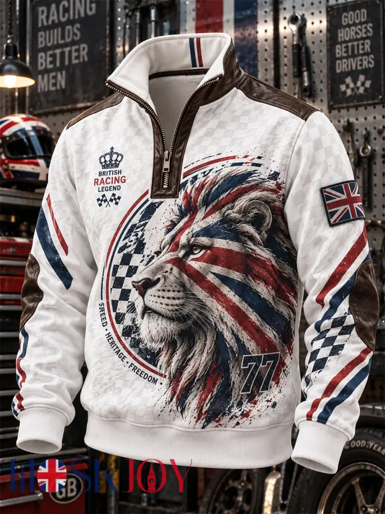 Men’s British Lion Printed Zip-Up Hoodie - White / S