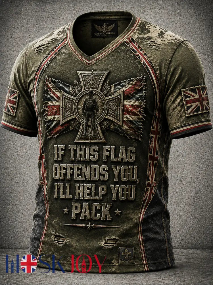 Men’s British Veteran IF THIS FLAG OFFENDS YOU I’LL HELP YOU PACK Print Short-Sleeve T-shirts - Olive Green / S