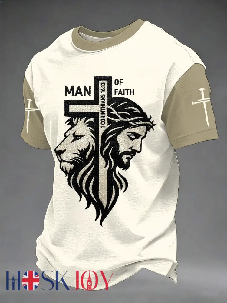 Men’s Christian Cross Print Casual Tee - Beige / S
