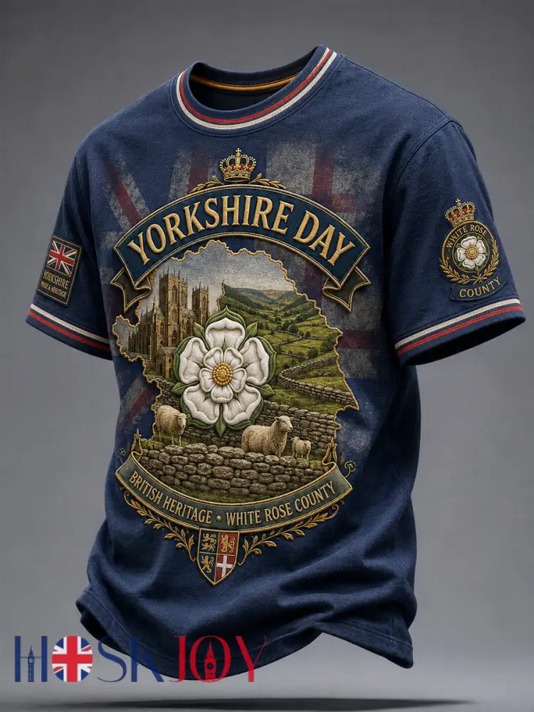 Men’s England Yorkshire Day White Roses Art Printed T-shirt - Deep Blue / S
