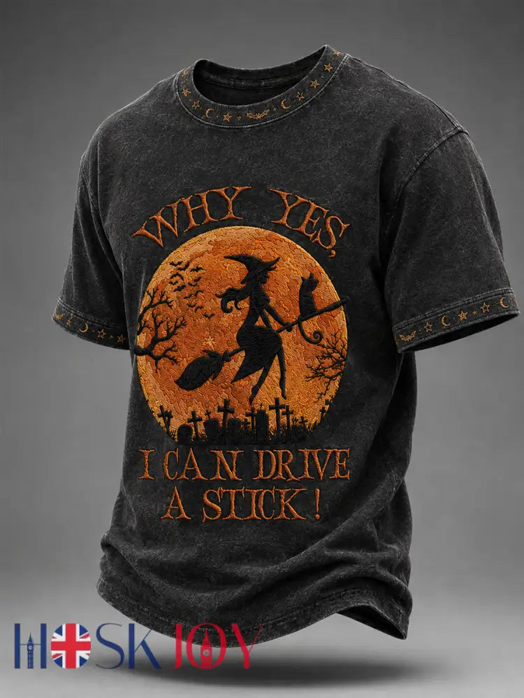 Men’s Funny Halloween Witch Why Yes,Actually I Can Drive A Stick Print Casual Tee - Black / S