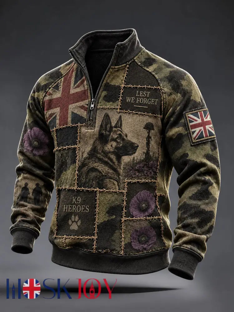 Men’s Lest We Foget Military Dog Print Zip-Up Hoodie - As picture / S