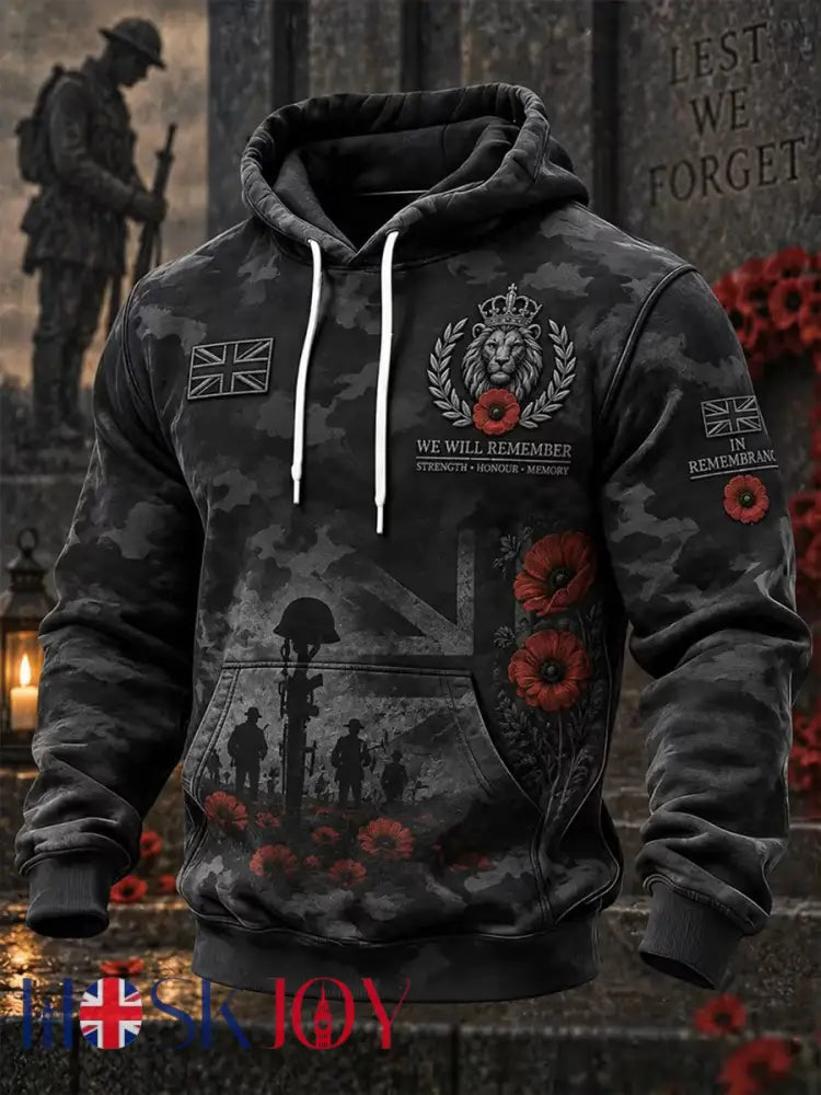 Men’s Lest We Forget Print Oversized Drop-Shoulder Hoodie With Pockets - Dark Gray / S