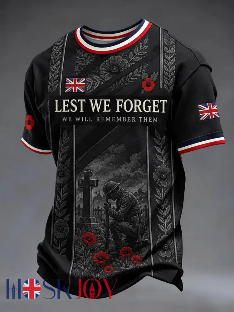 Men’s Lest We Forget Print Short Sleeves T-shirt - Black / S