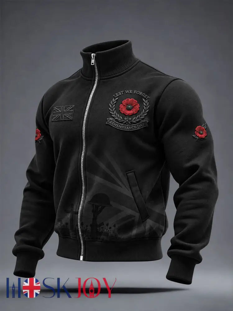 Men’s Lest We Forget Print Zip-up Hoodie - Black / S