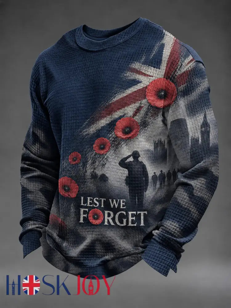 Men’s Lest We Forget Printed Waffle Long Sleeve T-Shirt - Navy Blue / S
