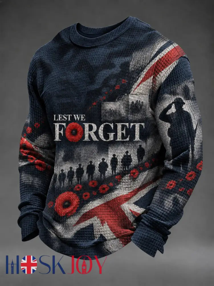 Men’s Lest We Forget Printed Waffle Long Sleeve T-Shirt - Navy Blue / S