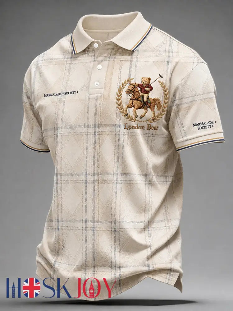 Men’s Paddington Bear Print Polo Collar Casual Short Sleeved Shirt - Apricot / S