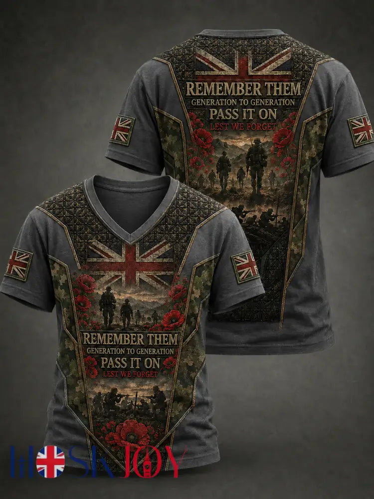 Men’s REMEMBER THEM GENERATION TO GENERATION PASS IT ON LEST WE FORGET V-neck T-shirt - Gray / S