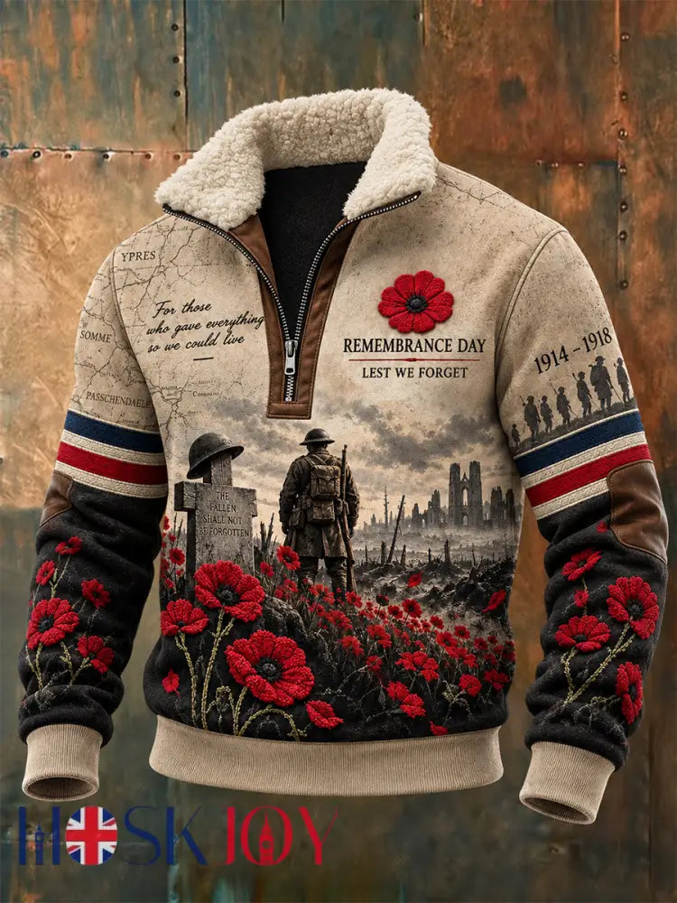 Men’s Remembrance Day Lest We Forget Fur Collar Zip-Up Sweatshirt - Khaki / S