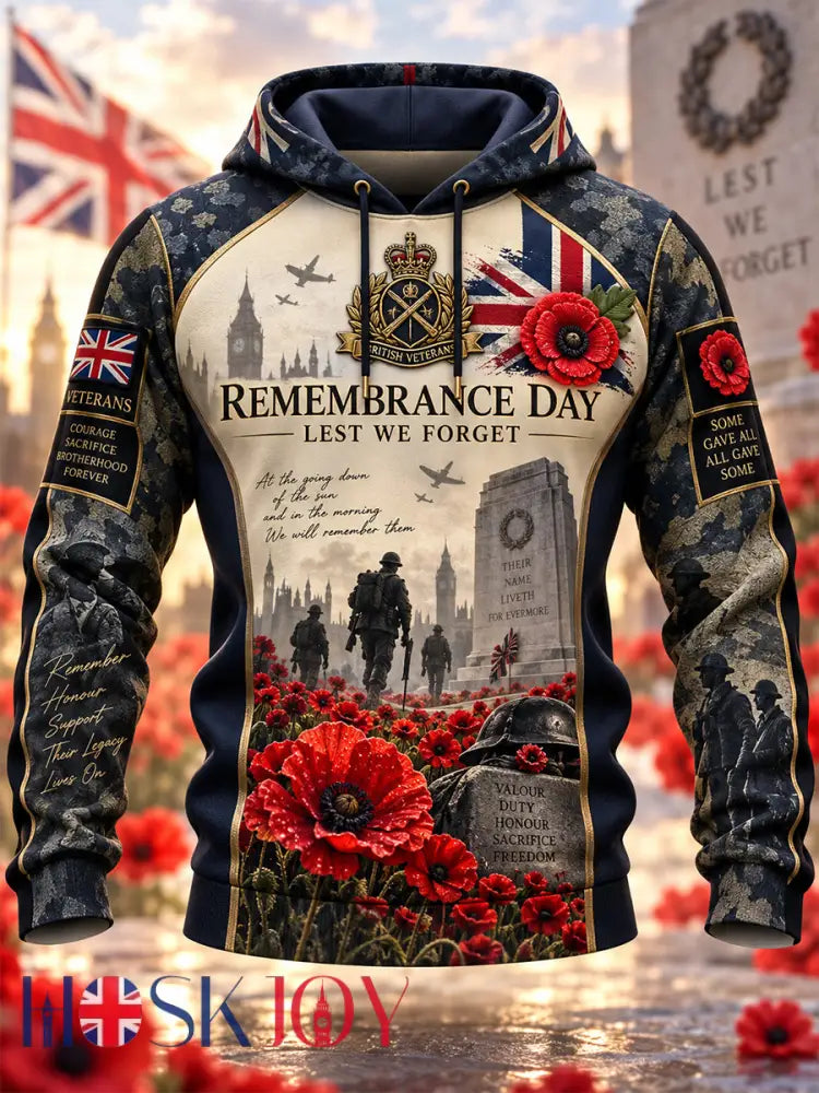 Men’s Remembrance Day Lest We Forget Hooded Sweatshirt - Navy Blue / S