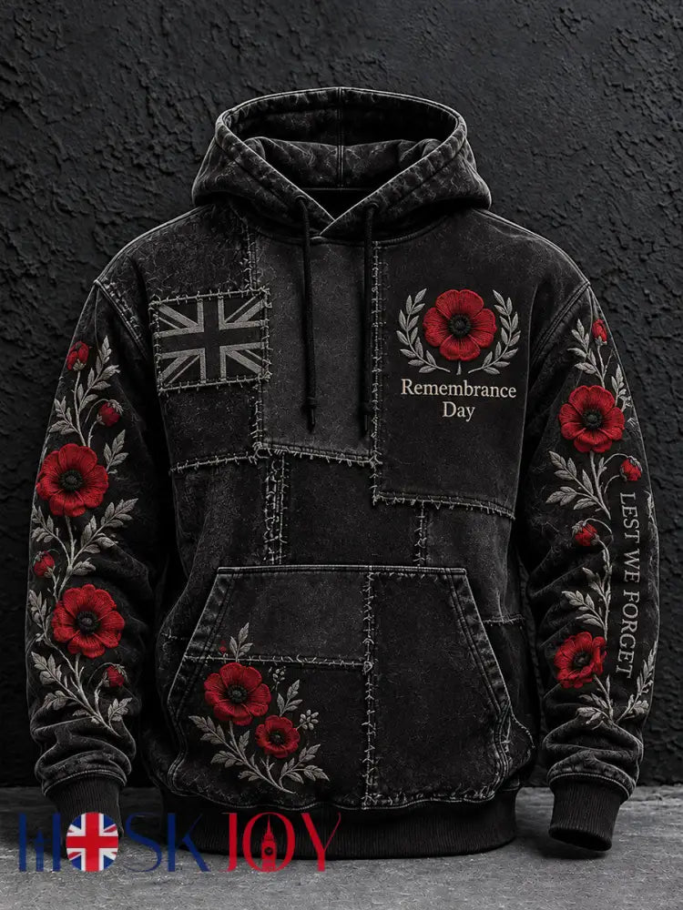 Men’s Remembrance Day Lest We Forget Print Oversized Drop-Shoulder Hoodie With Pockets - Black / S