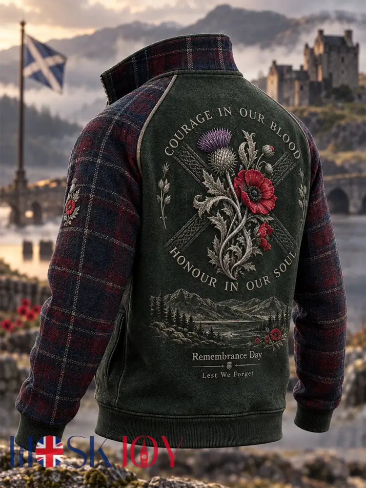 Men’s Remembrance Day Lest We Forget Stand-Up Collar Zip-Up Hoodie - Green / S