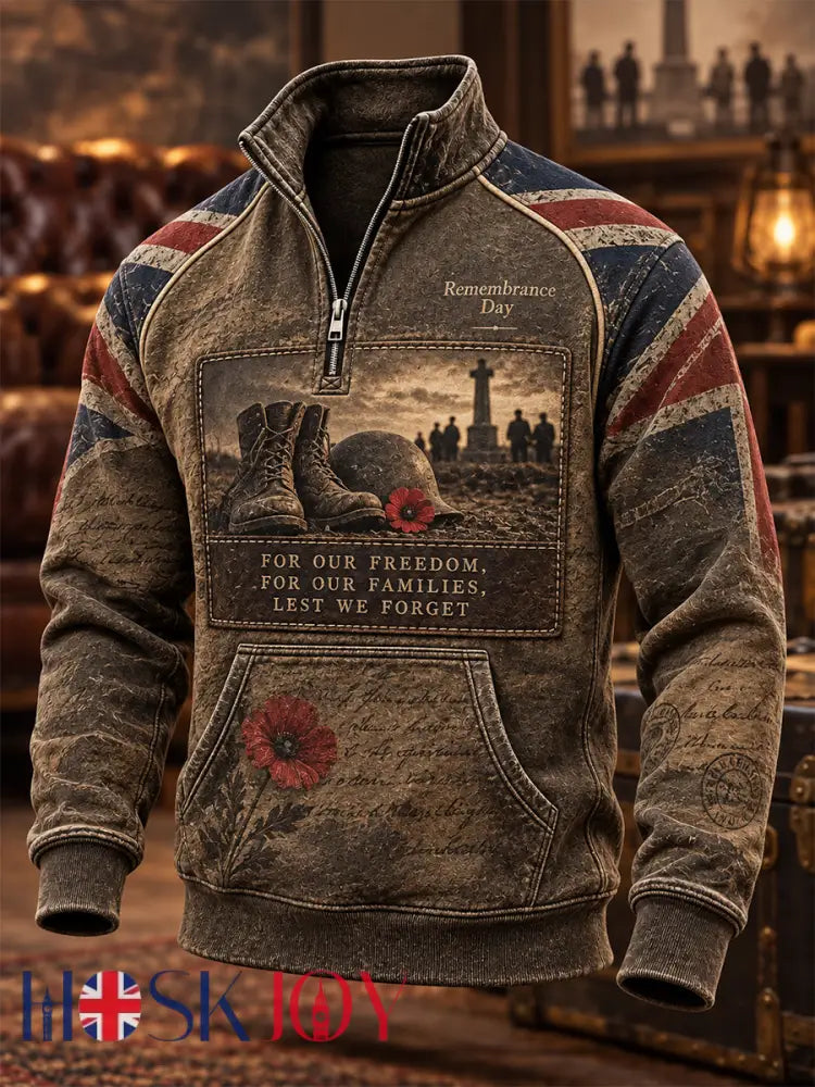 Men’s Remembrance Day Lest We Forget Stand-Up Collar Zip-Up Hoodie - Khaki / S