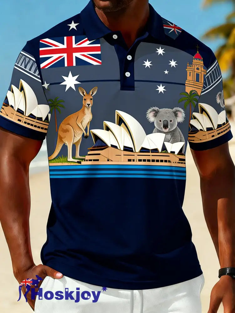 Men’s Retro Australian Flag Badge Casual Comfortable Short Sleeve Polo Shirt Navy Blue / S