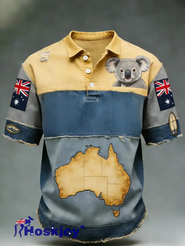 Men’s Retro Australian Flag Badge Patchwork Art Print Casual Short-Sleeve T-Shirt Blue / S