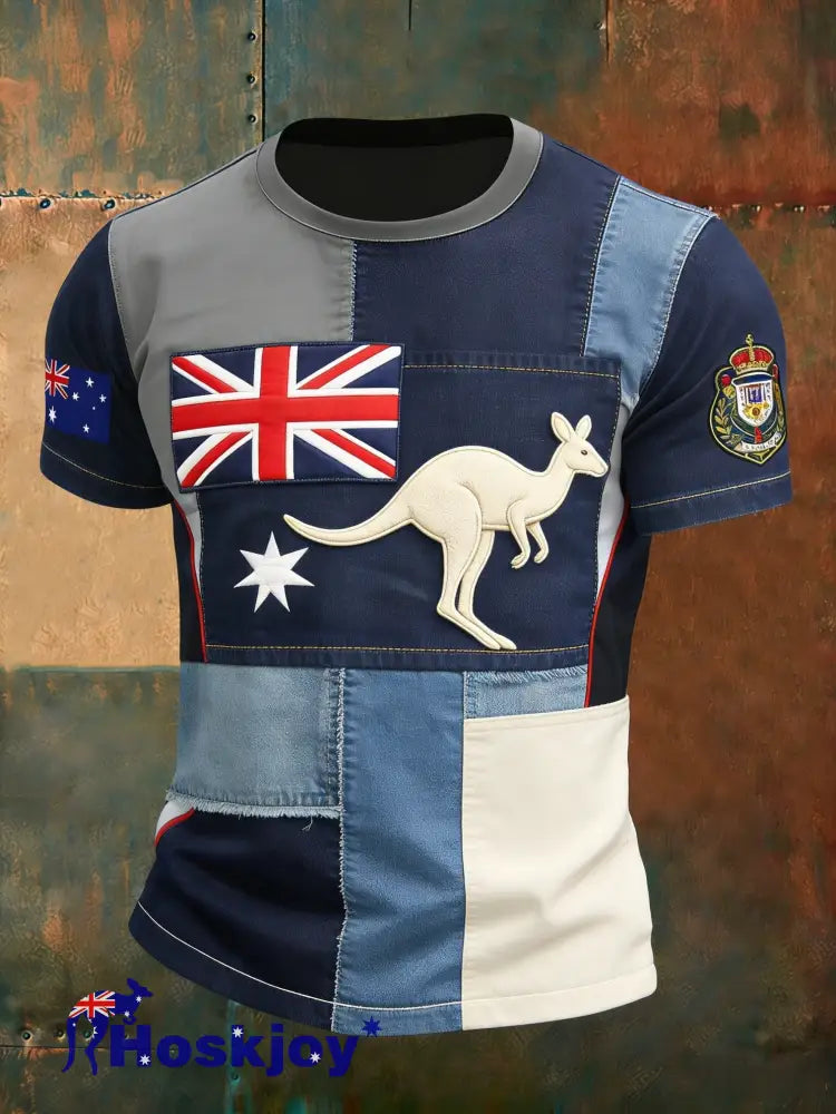 Men’s Retro Australian Flag Patch Patchwork Casual Short Sleeve T-Shirt Blue / S