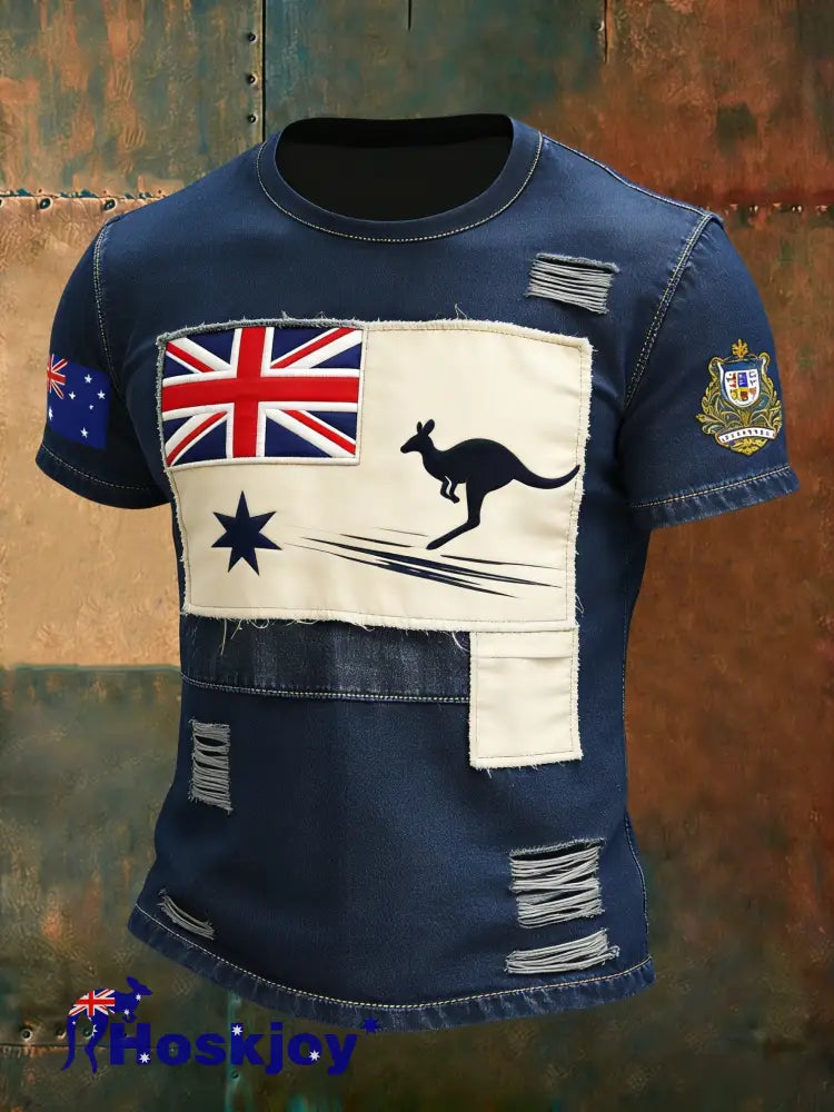 Men’s Retro Australian Flag Patch Patchwork Casual Short Sleeve T-Shirt Blue / S
