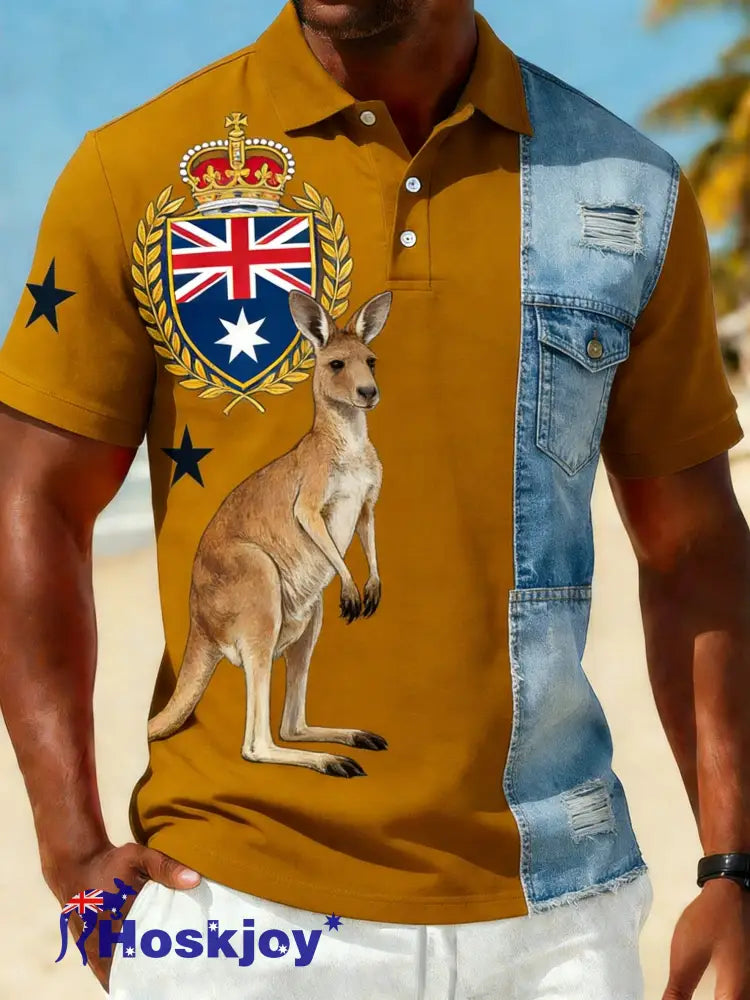 Men’s Retro Australian Flag Patch Patchwork Casual Short Sleeve T-Shirt Brown / S