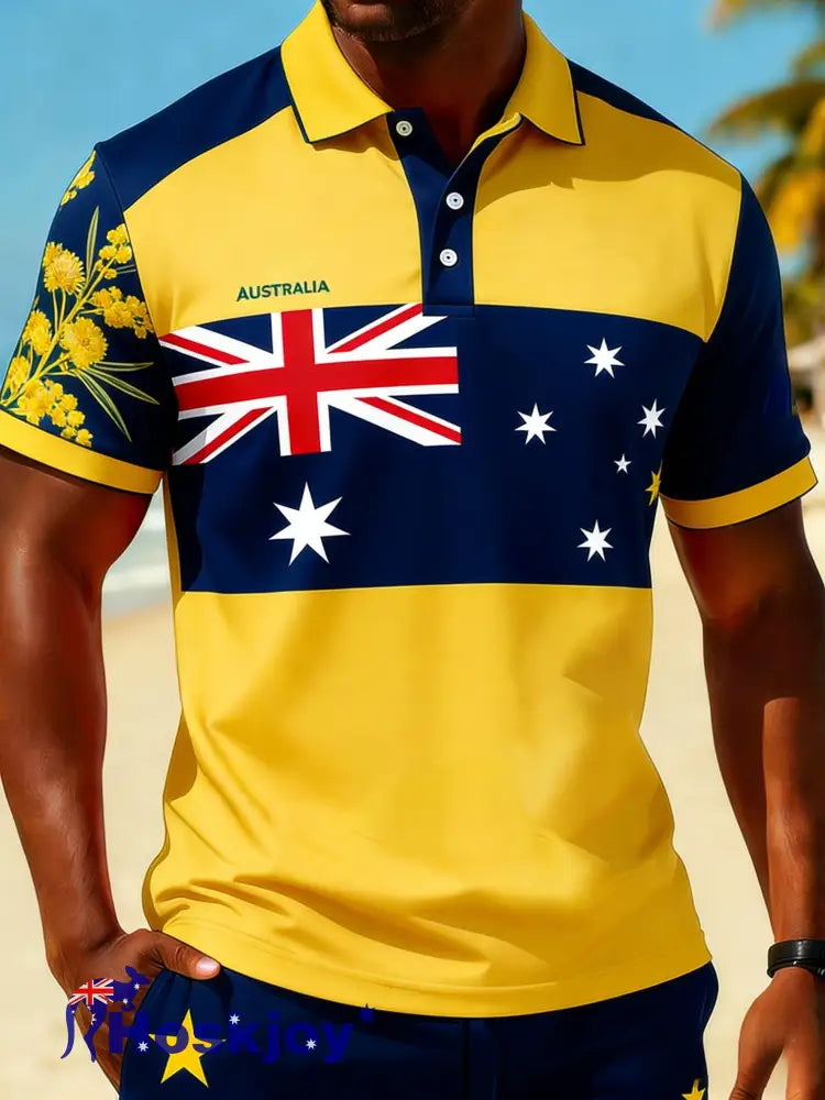 Men’s Retro Australian Flag Patch Patchwork Casual Short Sleeve T-Shirt Yellow / S