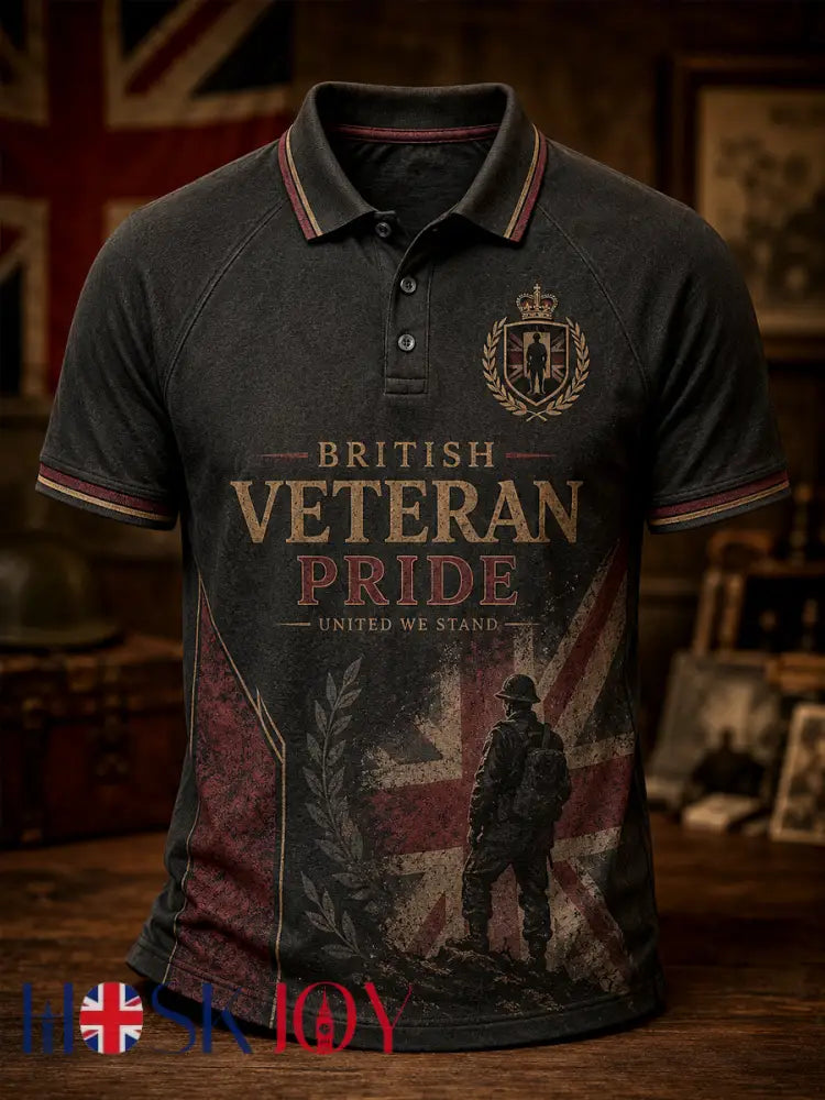 Men’s Retro British Veteran Print Casual Polo - Dark Grey / S