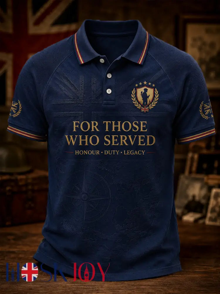 Men’s Retro British Veteran Print Casual Polo - Navy Blue / S