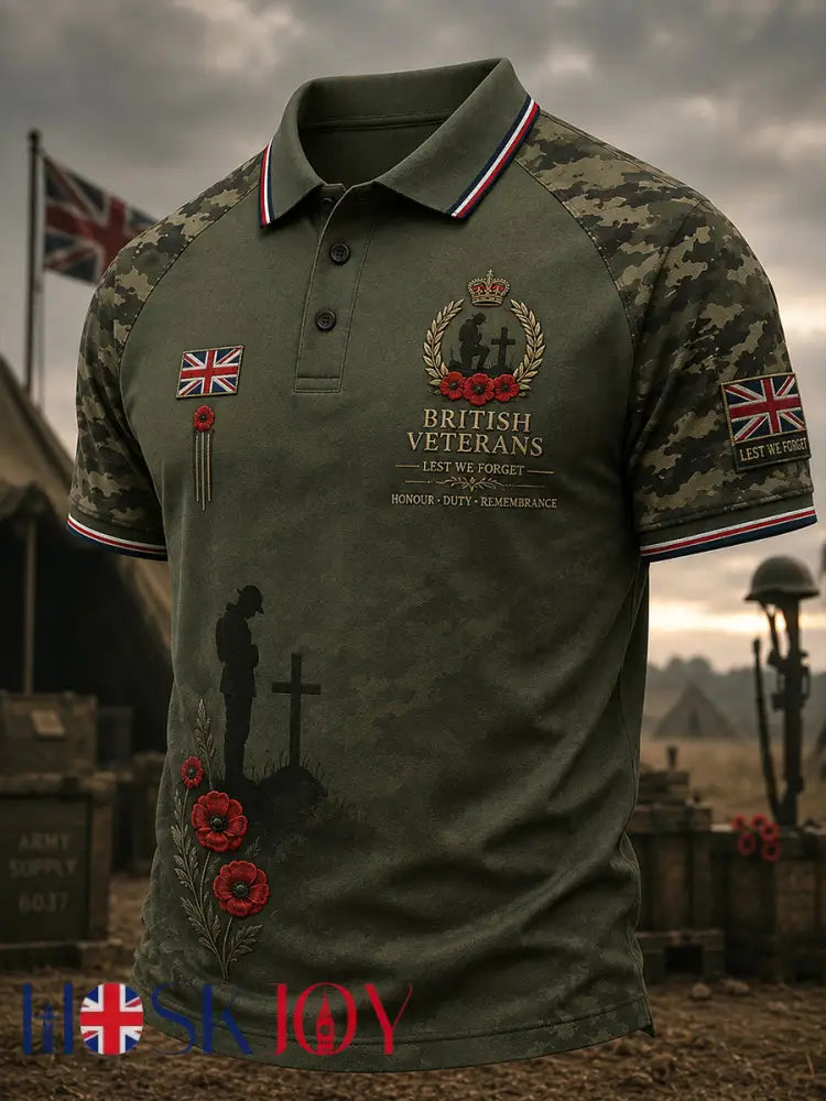 Men’s Short-Sleeve Polo Shirt With Vintage Camouflage And Military Commemorative Print - A / S