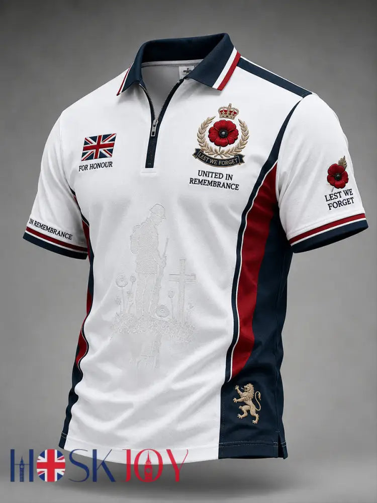 Men’s Short-Sleeve Zip-Front Polo Shirt With Remembrance Day Themed Print - A / S
