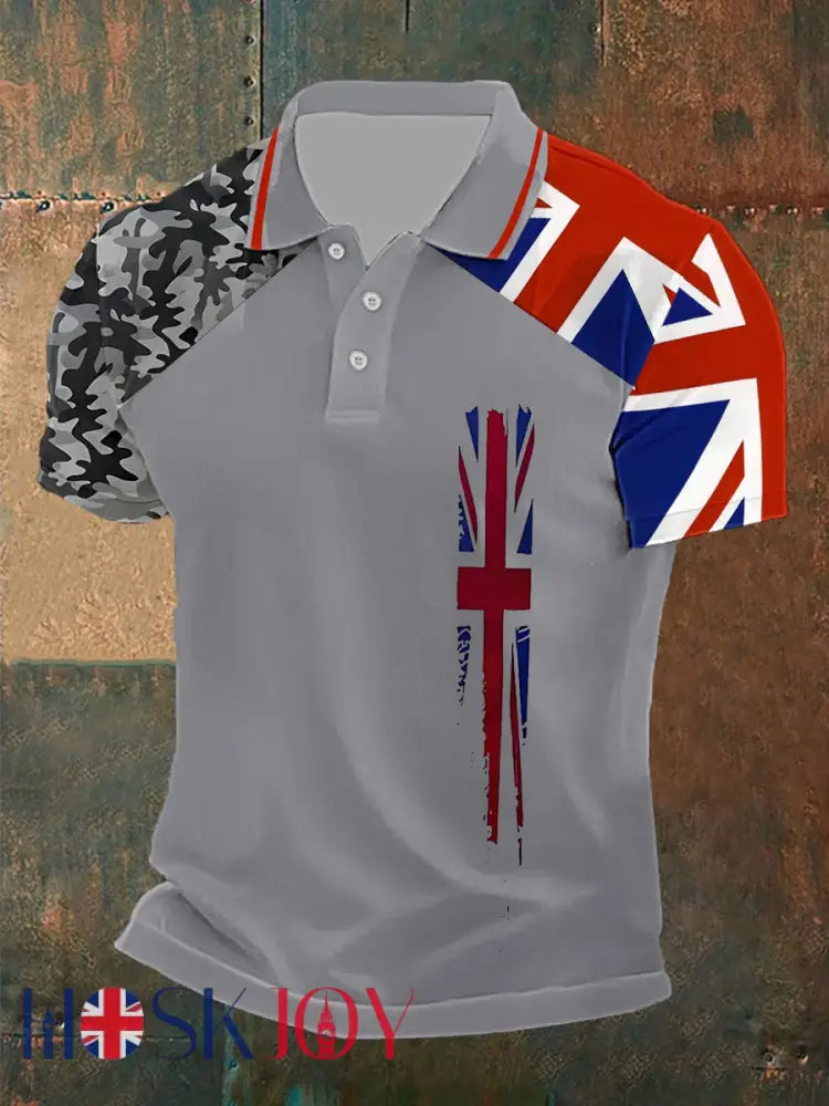 Men’s Union Jack Casual Polo Shirt - Gray / S