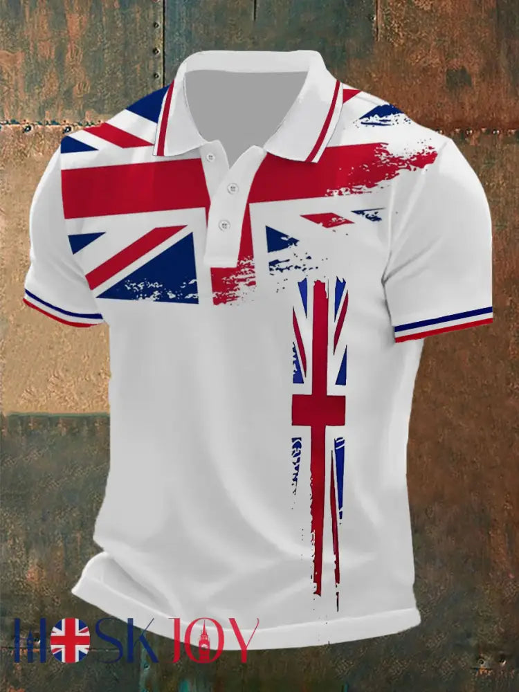 Men’s Union Jack Print Casual Polo Shirt - White / S