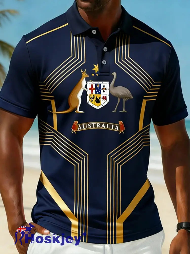Men’s Vintage Australian Flag Badge Printed Casual Cotton Short Sleeve Sports Stripe Polo Shirt Navy Blue / S