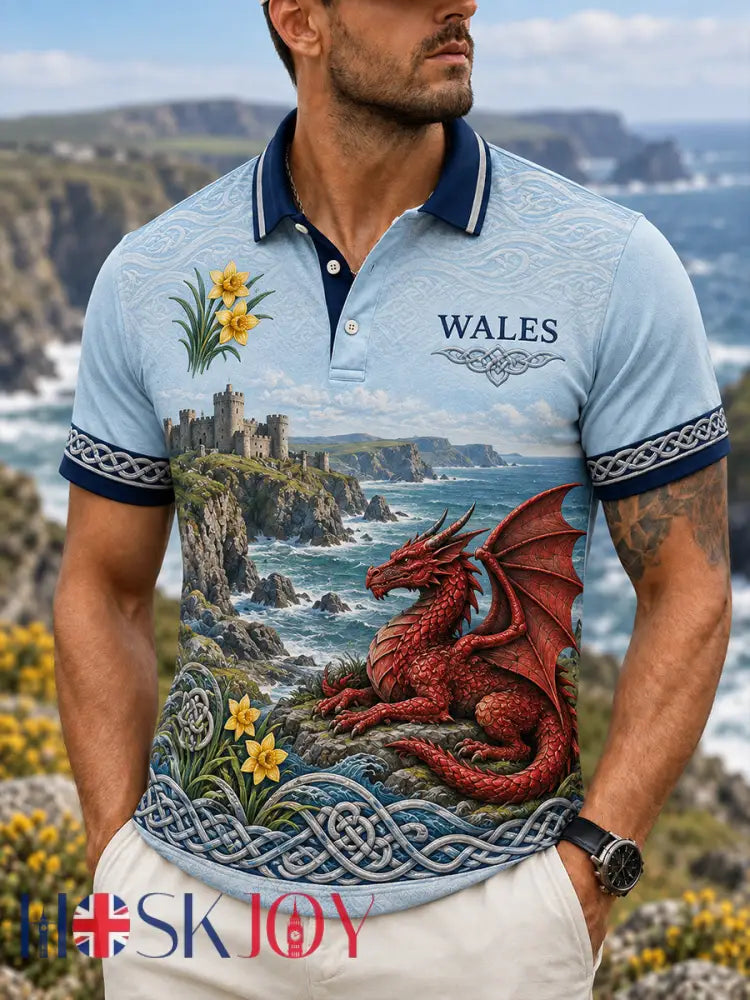 Men’s Vintage-Style Casual Polo Shirt with British Welsh Art Print - A / S