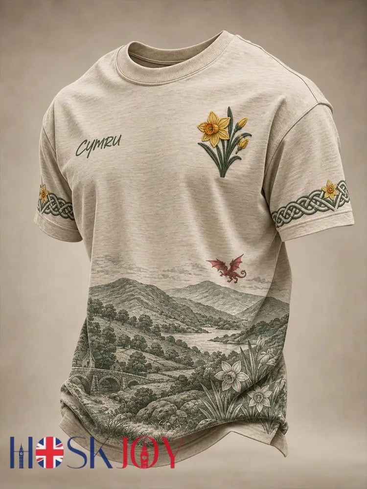 Men’s Vintage-Style Casual T-Shirt with Welsh Art Print - A / S
