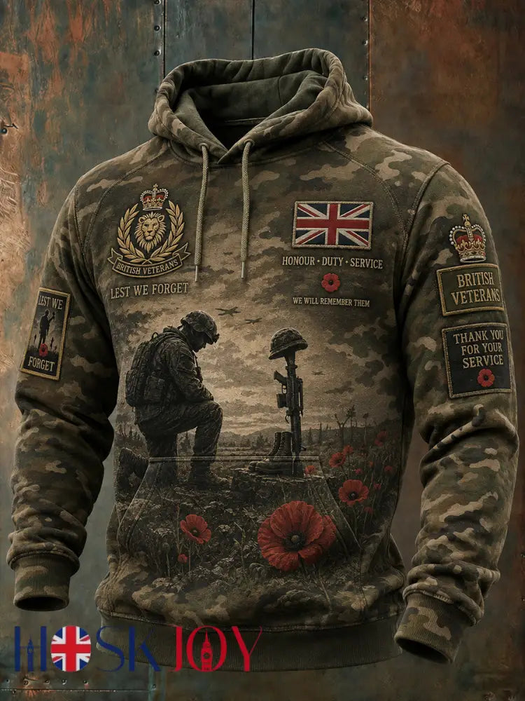 Men’s Vintage Veteran-Themed Camo-Accent Long-Sleeve Hoodie - A / S