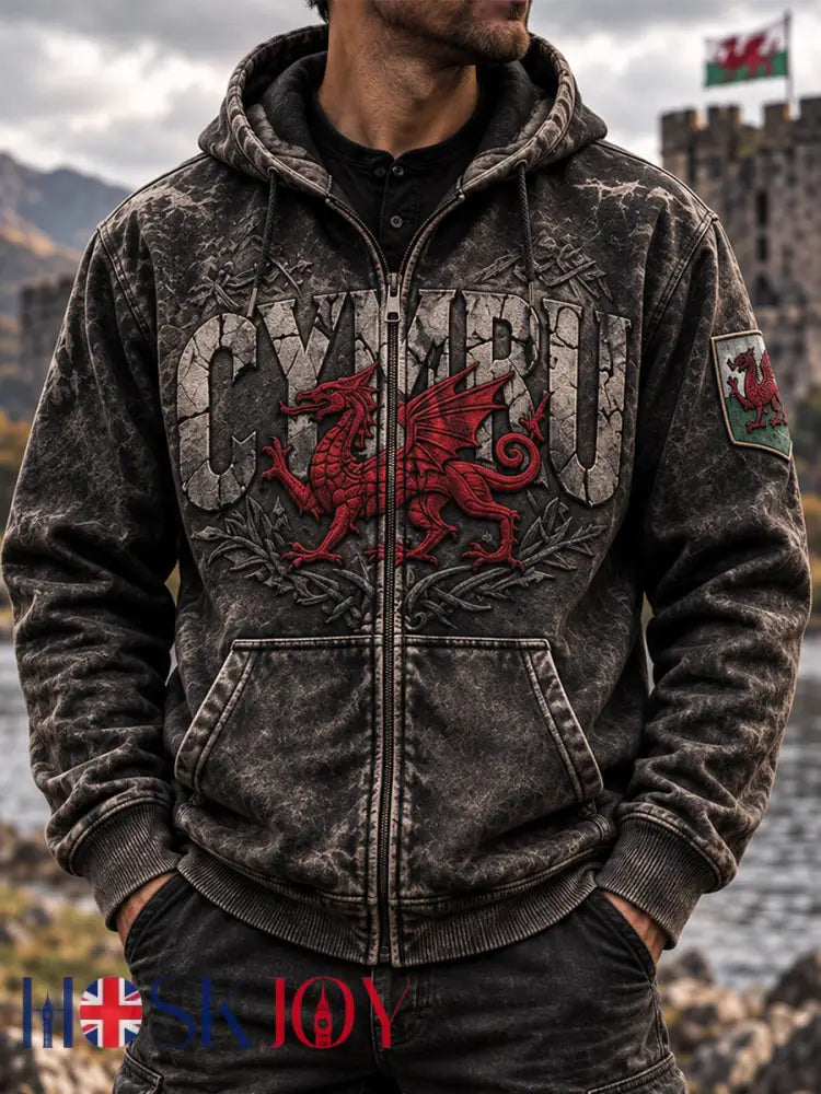 Men’s Wales UK Casual Zipper Hooded Jacket - Dark Gray / S