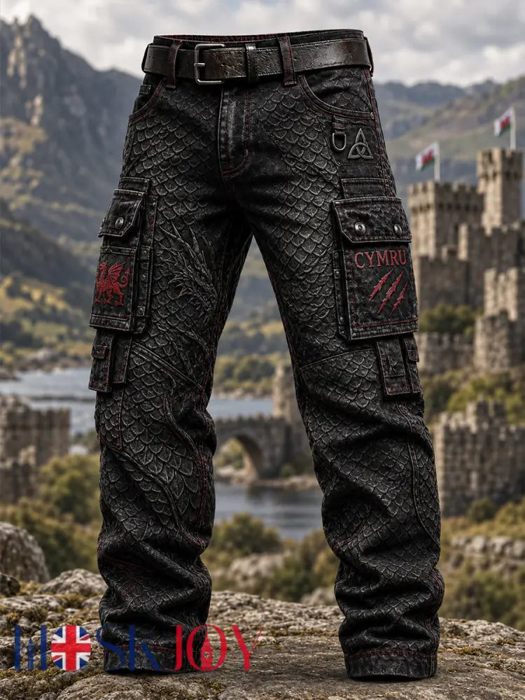 Men’s Welsh Cultural Element Art Print Casual Work Trousers - Black / S
