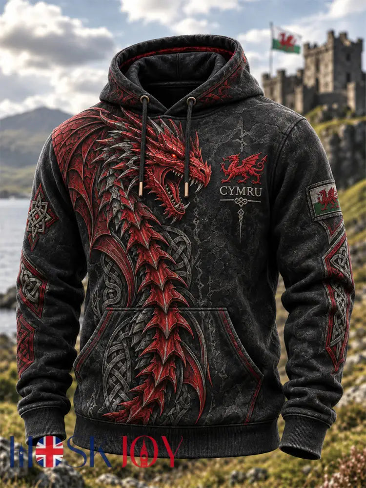 Men’s Welsh Cultural Element Art Print Hooded Sweatshirt - Black / S