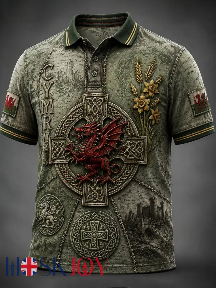 Men’s Welsh Cultural Element Art Print Polo Shirt - Green / S