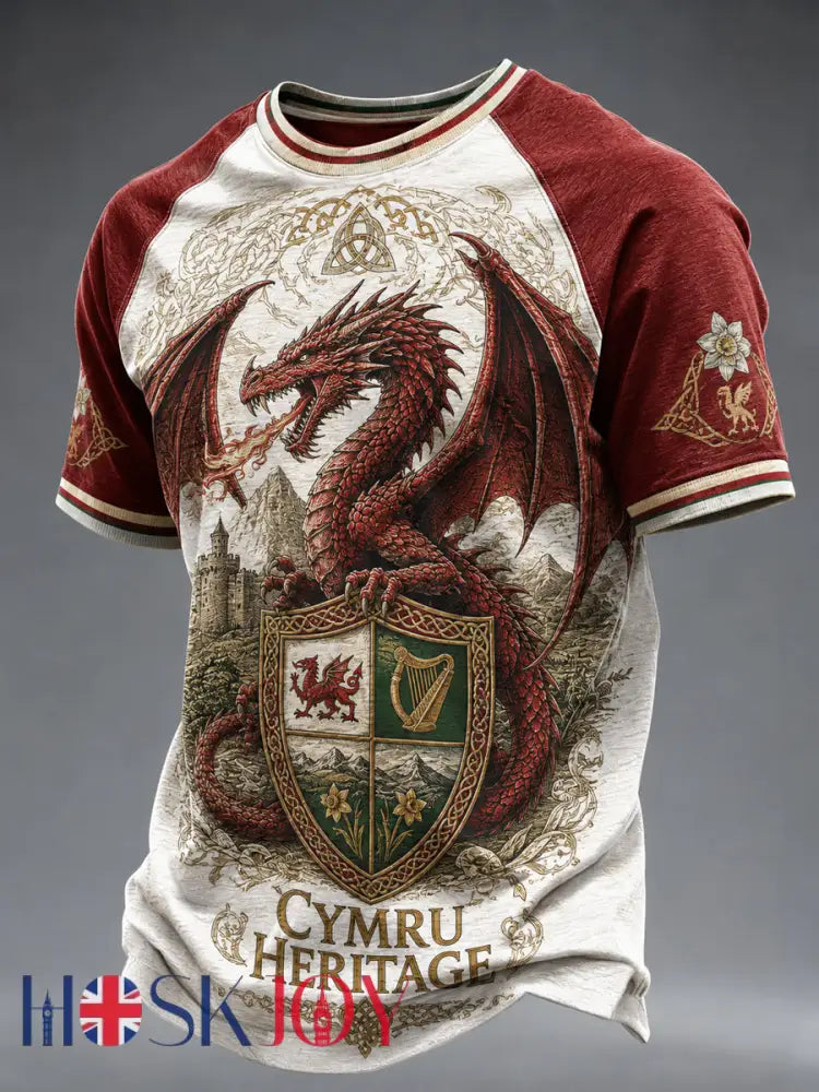 Men’s Welsh Dragon Celtic Heritage Printed Casual Short Sleeves T-shirt - As picture / S