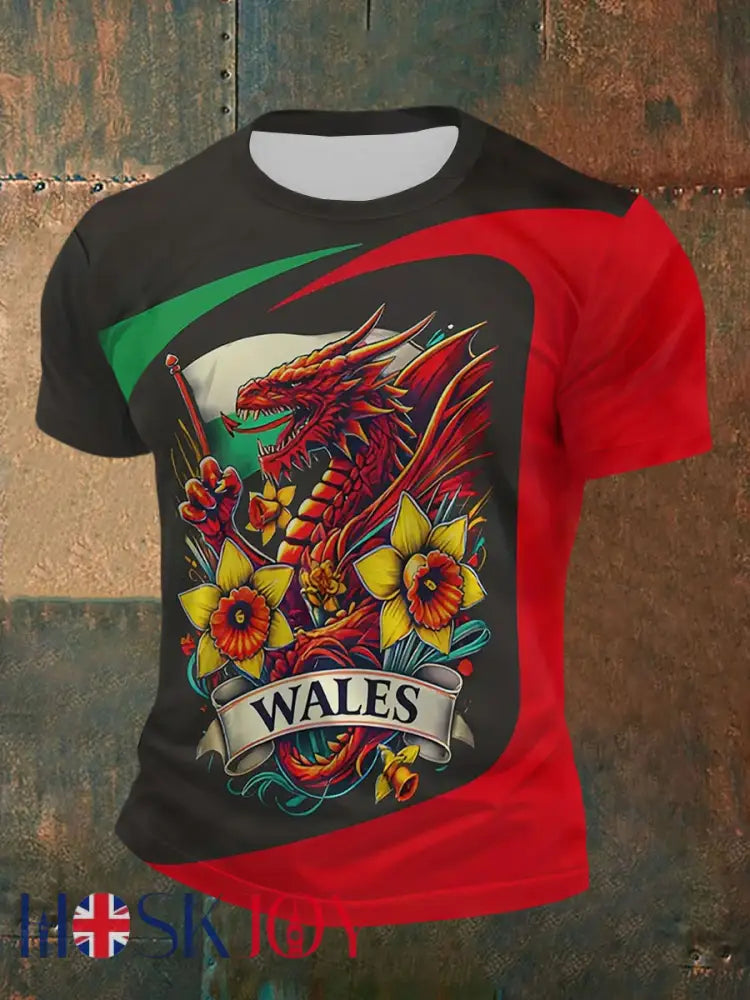 Men’s Welsh Dragon Print Casual T-shirt - As picture / S