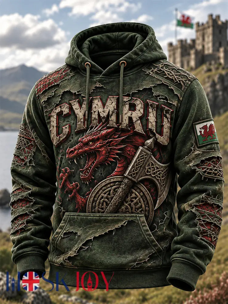 Men’s Welsh Dragon Printed Hooded Sweatshirt - Olive Green / S