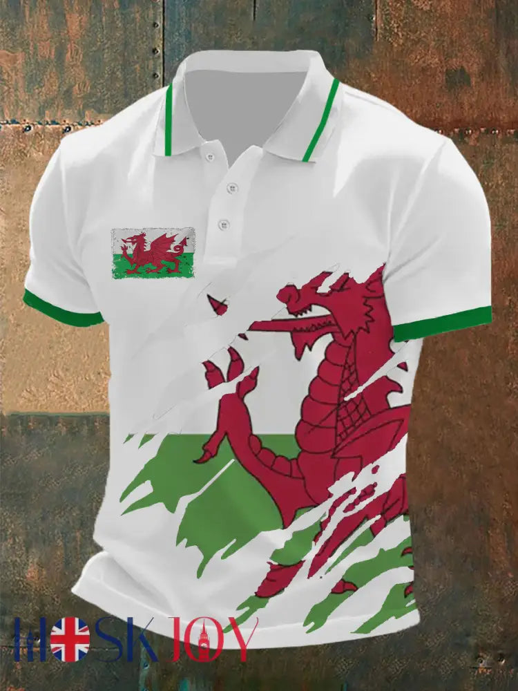 Men’s Welsh Flag Casual Button T-Shirt - White / S