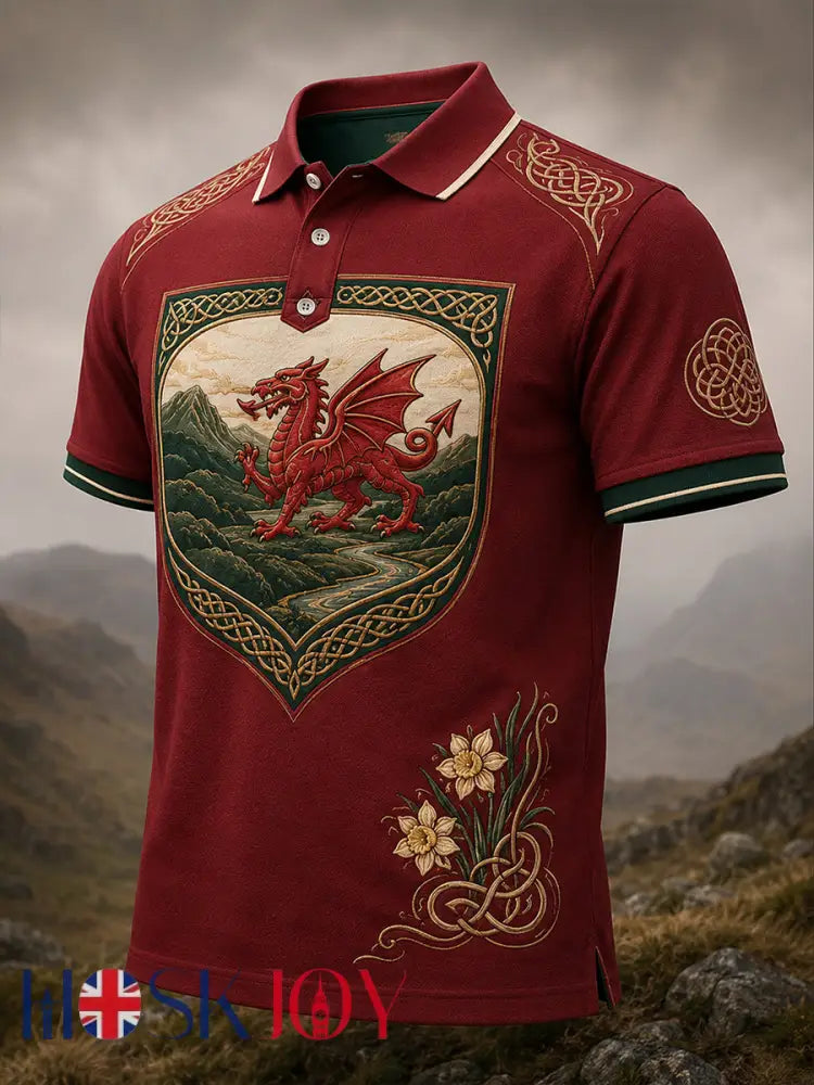 Men’s Welsh Red Dragon Cultural Elements Art Print Polo - A / S