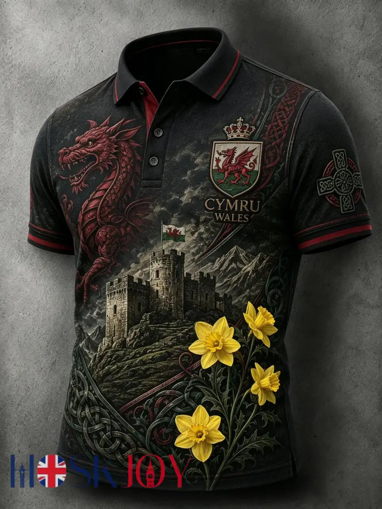 Men’s Welsh Red Dragon Cultural Elements Art Print Polo - A / S