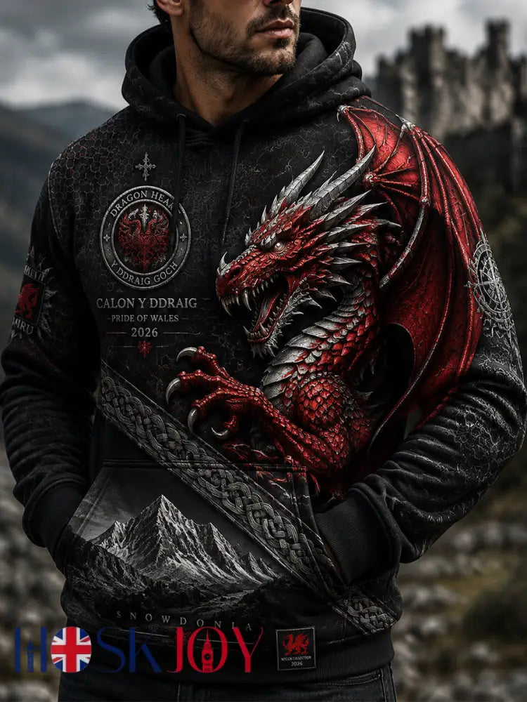 Men’s Welsh Red Dragon Print Hoodie - Black / S